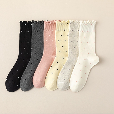 Chaussettes Mi-Mollet À Pois Pour Femmes Bordure Ondulée Coton Respirant Style Japonais Décontracté Doux