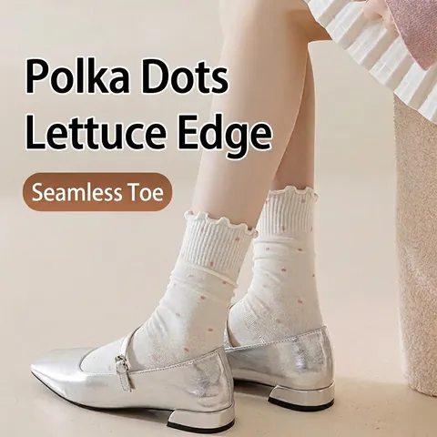 Chaussettes Mi-Mollet À Pois Pour Femmes Bordure Ondulée Coton Respirant Style Japonais Décontracté Doux