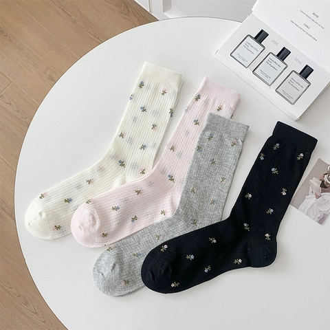 Calze Crew Da Donna Cotone Mesh Traspirante Ricamo Floreale Stile Fresco Elastico Morbido Calzetteria