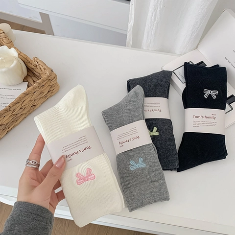 Chaussettes Mi-Mollet En Coton Côtelé Pour Femmes Broderie Nœud Doux Style Coréen Mode Respirant