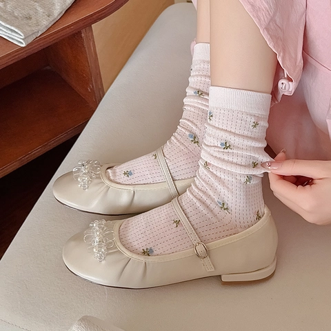 Calze Crew Da Donna Cotone Mesh Traspirante Ricamo Floreale Stile Fresco Elastico Morbido Calzetteria