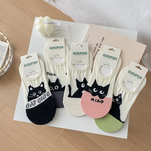Women Cotton Blend Invisible Boat Socks Non-Slip Cute Cartoon Cat Pattern Breathable Short Ankle Mid-Calf Hosiery
