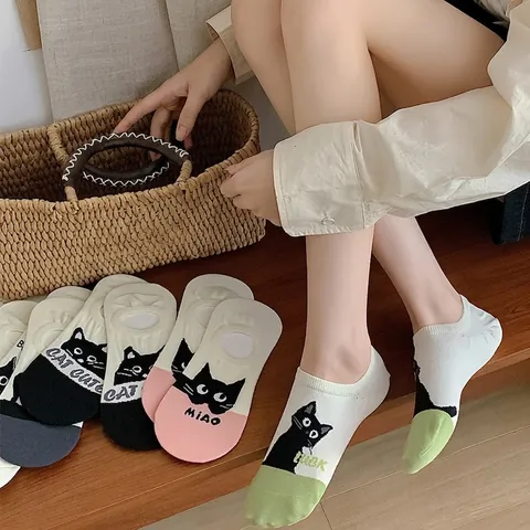 Women Cotton Blend Invisible Boat Socks Non-Slip Cute Cartoon Cat Pattern Breathable Short Ankle Mid-Calf Hosiery