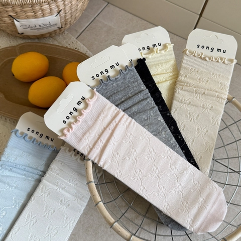 Dames Mesh Socken Met Strik En Ruches Rand Japanse Zoete Stijl Katoen Ademend