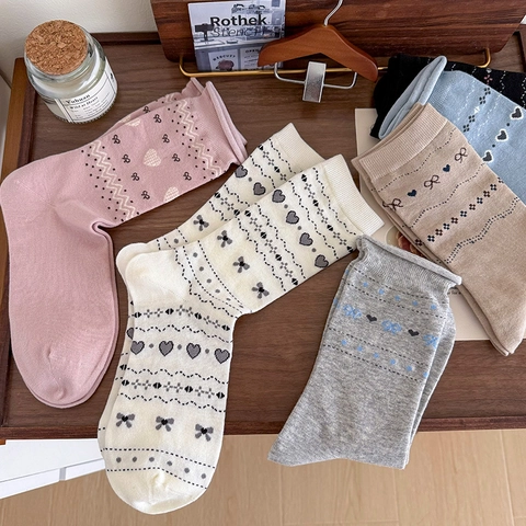 Calze Crew Da Donna In Misto Cotone Jacquard Cuore Fiocco Traspirante Vintage Retrò Stile Giapponese Elastico Senza Cuciture