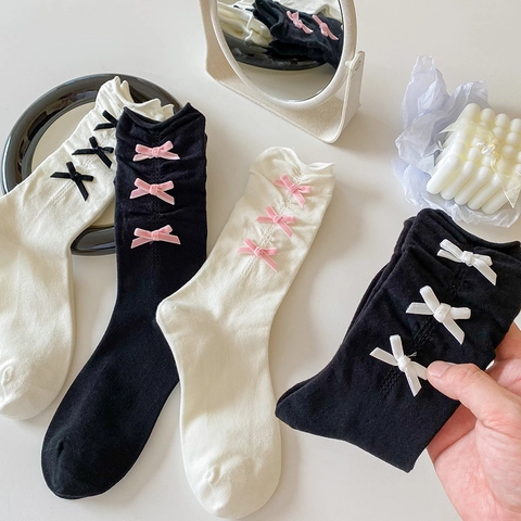 Lolita Bowknot Mid-Calf Socks Cotton Balletcore Sweet Ruffled Trim Ribbed Knit Seamless Toe Breathable For Women
