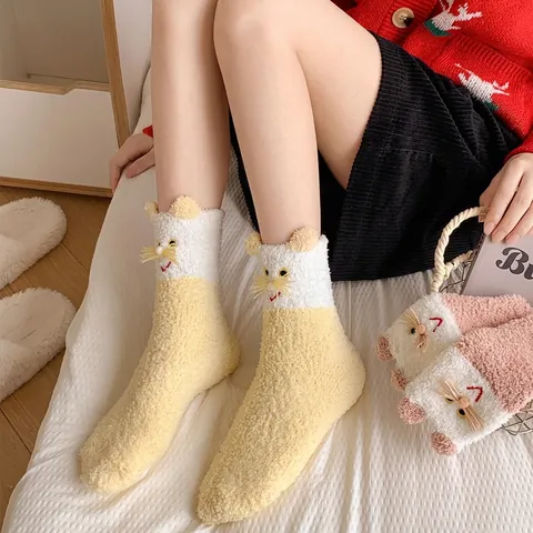 Calze Al Polpaccio In Pile Corallo Con Ricamo Gatto Cartone Animato Da Donna Spesse Calde Casa Inverno Carine Orecchie 3D