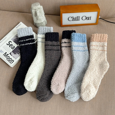 Calze Termiche Metà Polpaccio Uomo Ispessite Pile Corallo Caldo Casa Interno Dormire Righe Minimalista