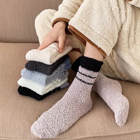 Calze Termiche Metà Polpaccio Uomo Ispessite Pile Corallo Caldo Casa Interno Dormire Righe Minimalista