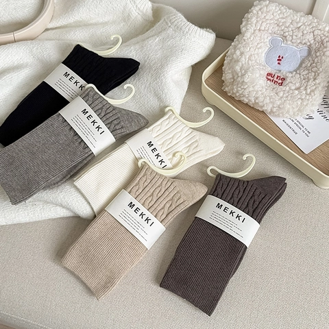 Women Crew Socks Thick Warm Knit Cable Textured Ribbed Slouch Solid Color Winter Casual Soft