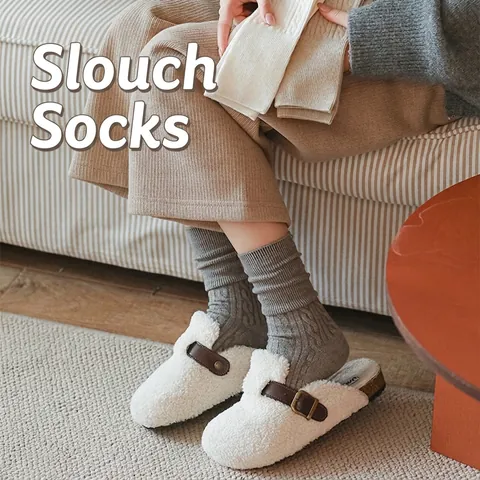 Women Crew Socks Thick Warm Knit Cable Textured Ribbed Slouch Solid Color Winter Casual Soft