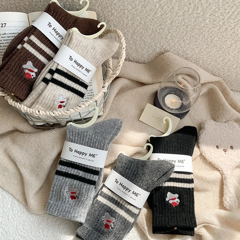 Women Wool Blend Crew Socks Warm Winter Striped Cartoon Animal Dog Bear Embroidery Ribbed Cuff Casual
