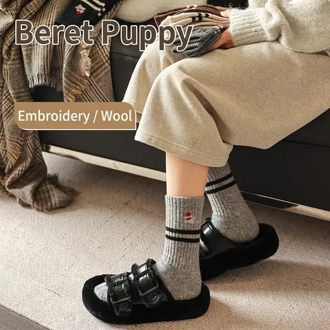 Women Wool Blend Crew Socks Warm Winter Striped Cartoon Animal Dog Bear Embroidery Ribbed Cuff Casual