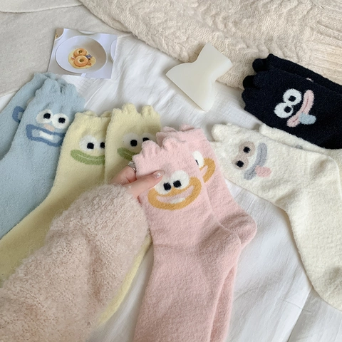 Funny Cartoon Expression Women House Socks Thickened Warm Coral Fleece Winter Mid-Calf Thermal
