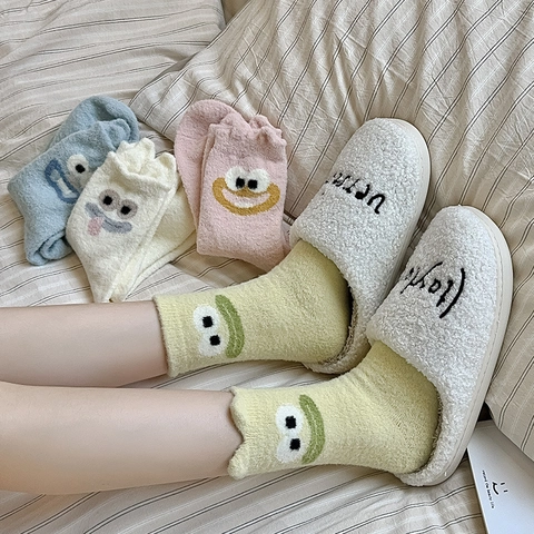 Funny Cartoon Expression Women House Socks Thickened Warm Coral Fleece Winter Mid-Calf Thermal