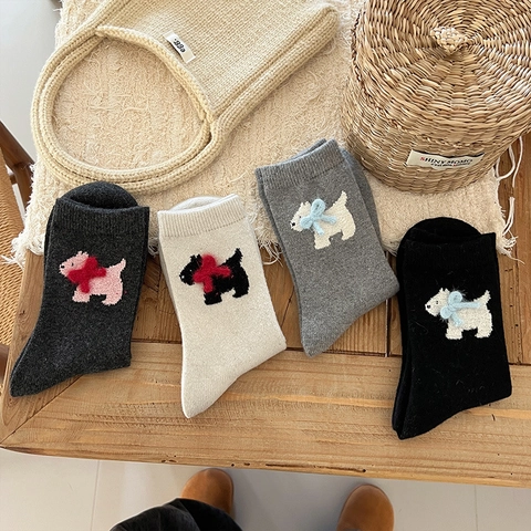 Calze Donna Misto Lana Ispessito Carino Motivo Cane Westie Fiocchi Decorativi Inverno Kawaii Maglia Termico Casual