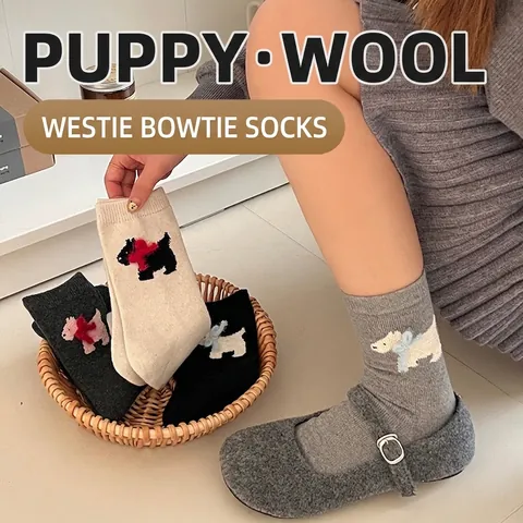 Calze Donna Misto Lana Ispessito Carino Motivo Cane Westie Fiocchi Decorativi Inverno Kawaii Maglia Termico Casual
