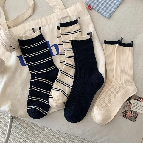 Calze Al Polpaccio Donna Cotone Maglia A Costine Righe Color Block Stile College Traspirante Casual Moda Crew Calzetteria
