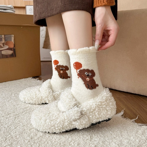 Calze Al Polpaccio Da Donna Ispessite Calde Ricamo Cartoni Animati Bordo Ondulato Morbido Sonno Inverno Pile