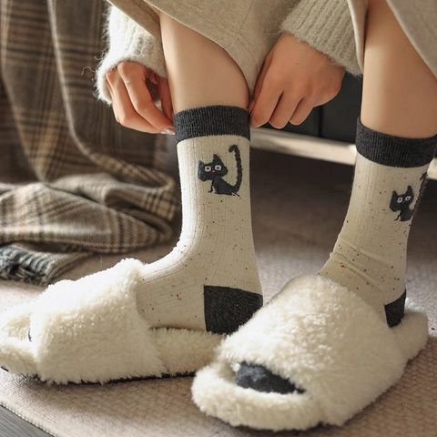 Calcetines De Algodón Para Mujer Bordado Animal Lindo Punto Canalé Color En Contraste Suave