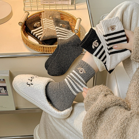 Calze Al Polpaccio In Misto Lana Da Donna Ispessite Calde Invernali A Righe Ricamo Cane Costine Maglia Giapponese Casual