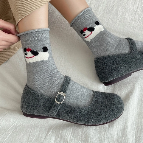 Women Winter Crew Socks Wool Blend Knit Cute Cartoon Dog Embroidery Warm Korean Style Kawaii Casual Hosiery