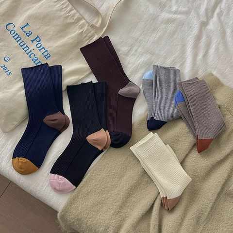 Calze Al Polpaccio Donna Blocchi Di Colore Maglia A Coste Morbida Ispessita Calda Inverno Stile Giapponese