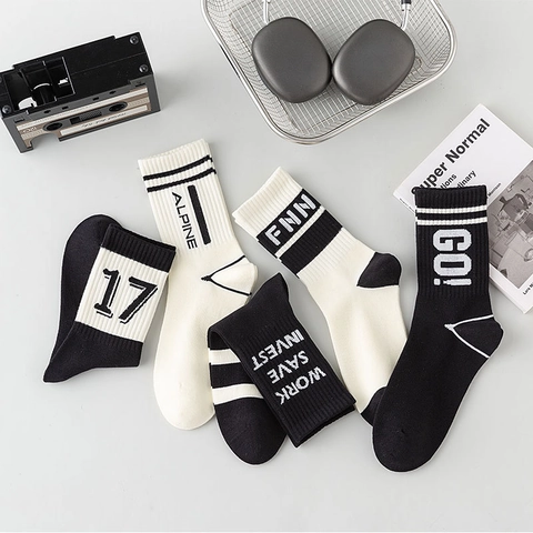 Men Crew Socks Combed Cotton Breathable Mid Calf Sporty Striped Letter Graphic Print Ribbed Cuff Seamless Toe