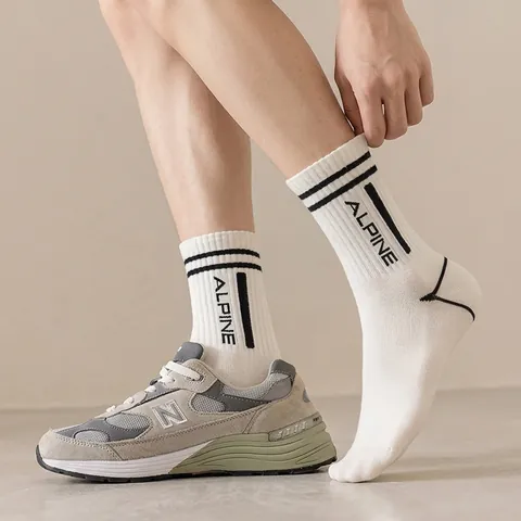 Men Crew Socks Combed Cotton Breathable Mid Calf Sporty Striped Letter Graphic Print Ribbed Cuff Seamless Toe