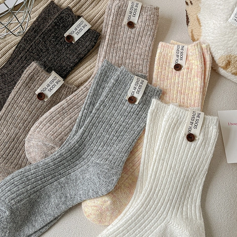 Damen Crew Socken Wollmischung Dick Warm Gestrickt Gerippt Dekorativer Knopf Stoffetikett Retro Koreanischer Stil Winter