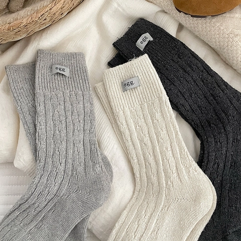 Socken Damen Mittelhoch Wollmischung Dick Warm Gerippt Zopfmuster Lässig Winter Mode
