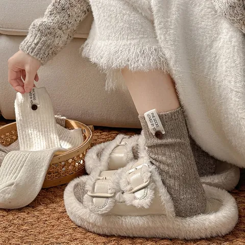 Damen Crew Socken Wollmischung Dick Warm Gestrickt Gerippt Dekorativer Knopf Stoffetikett Retro Koreanischer Stil Winter