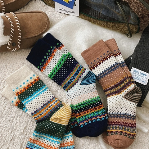 Calze Crew Fair Isle Misto Cotone Motivo Geometrico Etnico Vintage Caldo Spesso Moda Donna