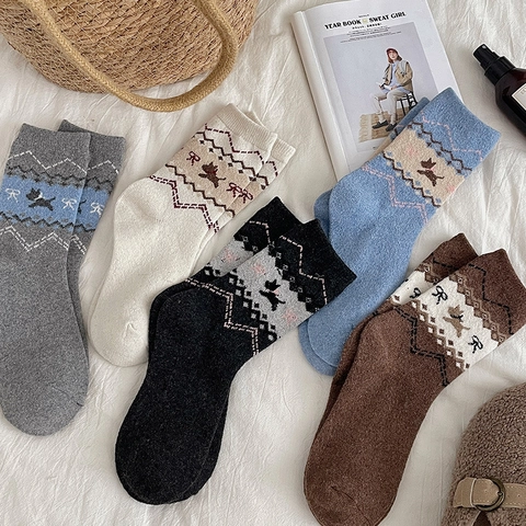 Calze Al Polpaccio In Misto Lana Da Donna Maglia Fair Isle Spesse Calde Retro Vintage Motivo Animale Geometrico Inverno