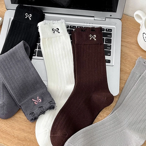 Women Crew Socks Cotton Ribbed Knit Bow Embroidery Distressed Ripped Cuffs Trendy Casual Mid Calf