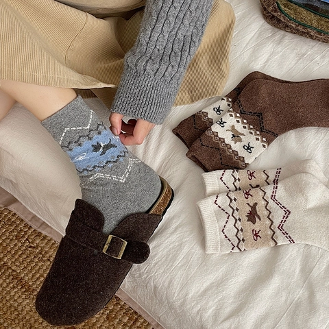 Calze Al Polpaccio In Misto Lana Da Donna Maglia Fair Isle Spesse Calde Retro Vintage Motivo Animale Geometrico Inverno