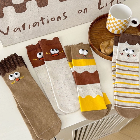 Lustige Monster Crew Socken 3D Augen Baumwolle Gestreift Color Block Kawaii Strick Winter Warme Strümpfe Für Frauen