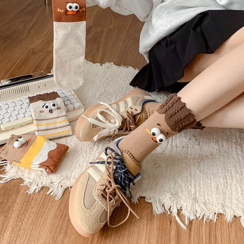 Lustige Monster Crew Socken 3D Augen Baumwolle Gestreift Color Block Kawaii Strick Winter Warme Strümpfe Für Frauen