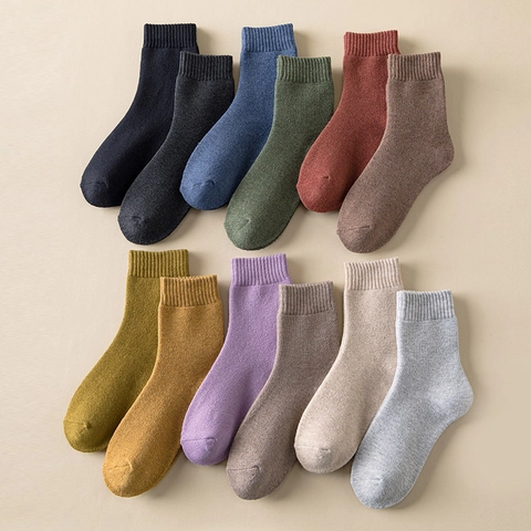 Damen Crew Socken Dick Warm Thermo Frottee Mittellang Einfarbig Gerippt Herbst Winter Einfach Schlicht