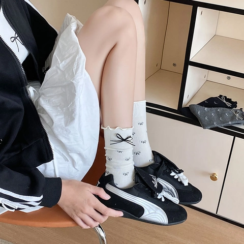 Women Cotton Blend Mid Calf Socks Bowknot Lettuce Edge Polka Dot Ruffle Trim Soft Breathable Elegant