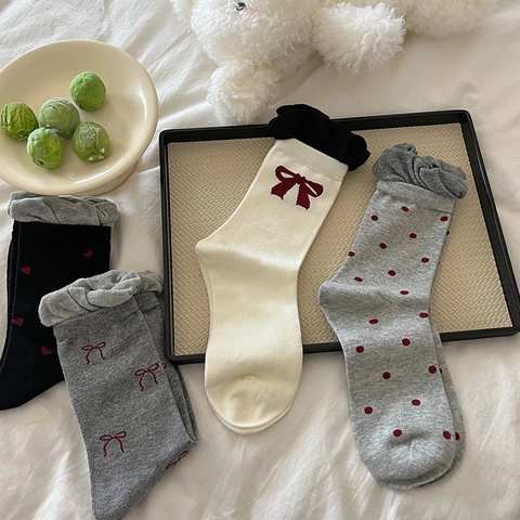 Calze Al Polpaccio Donna Misto Cotone Pettinato Fiocco Cuore Motivo Pois Bordo Arricciato Estetica Dolce
