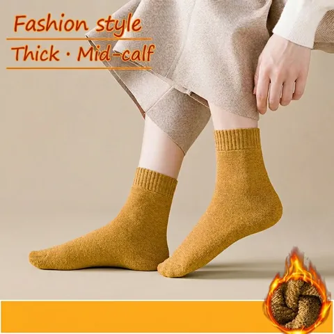 Damen Crew Socken Dick Warm Thermo Frottee Mittellang Einfarbig Gerippt Herbst Winter Einfach Schlicht
