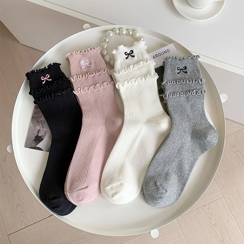 Chaussettes Mi-Mollet En Coton Peigné Bordure À Volants Broderie Nœud Tricot Côtelé Doux Style Japonais Lolita