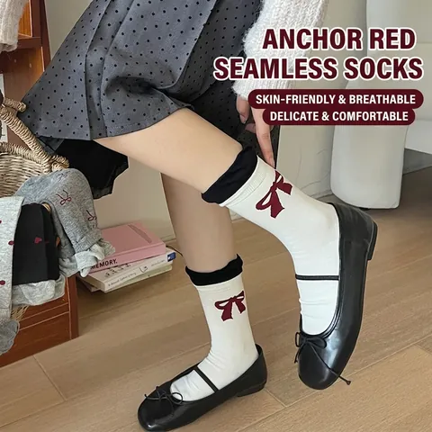Calze Al Polpaccio Donna Misto Cotone Pettinato Fiocco Cuore Motivo Pois Bordo Arricciato Estetica Dolce