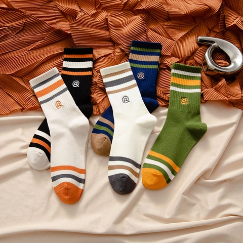 Men Crew Socks Combed Cotton Striped Color Block Embroidered Breathable Athletic Casual Retro Trendy For Youth