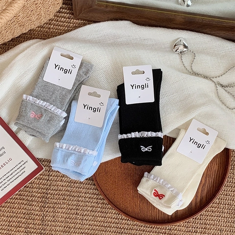 Calze Crew Da Donna Cotone Pettinato Fiocco Ricamato Bordo In Pizzo Bianco Polsino Volant Maglia A Coste Dolce