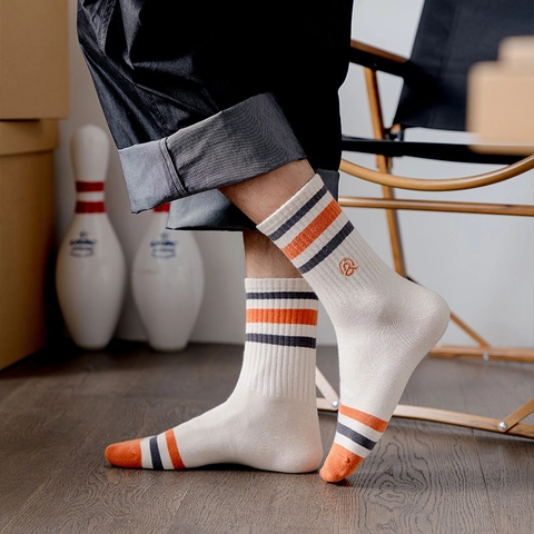 Men Crew Socks Combed Cotton Striped Color Block Embroidered Breathable Athletic Casual Retro Trendy For Youth