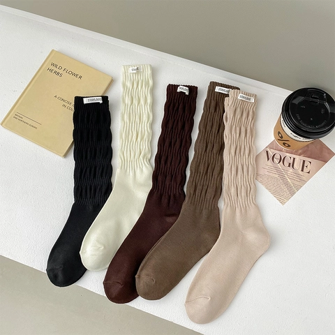 Calcetines Fruncidos Mujer Mezcla Algodón Textura Acanalada Estilo JK Japonés Con Etiqueta Tela Versátiles Retro