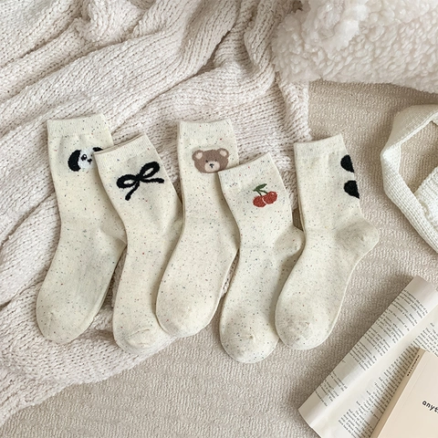 Women Crew Socks Cotton Blend Confetti Knit Soft Warm Breathable Kawaii Cartoon Bear Cherry Heart Bow Autumn Winter