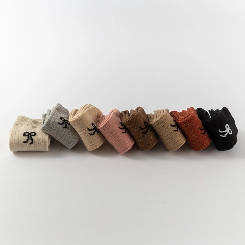 Damen Wollmischung Socken Verdickt Thermisch Rippstrick Schleife Stickerei Preppy College Stil Winter Warm Strumpfwaren